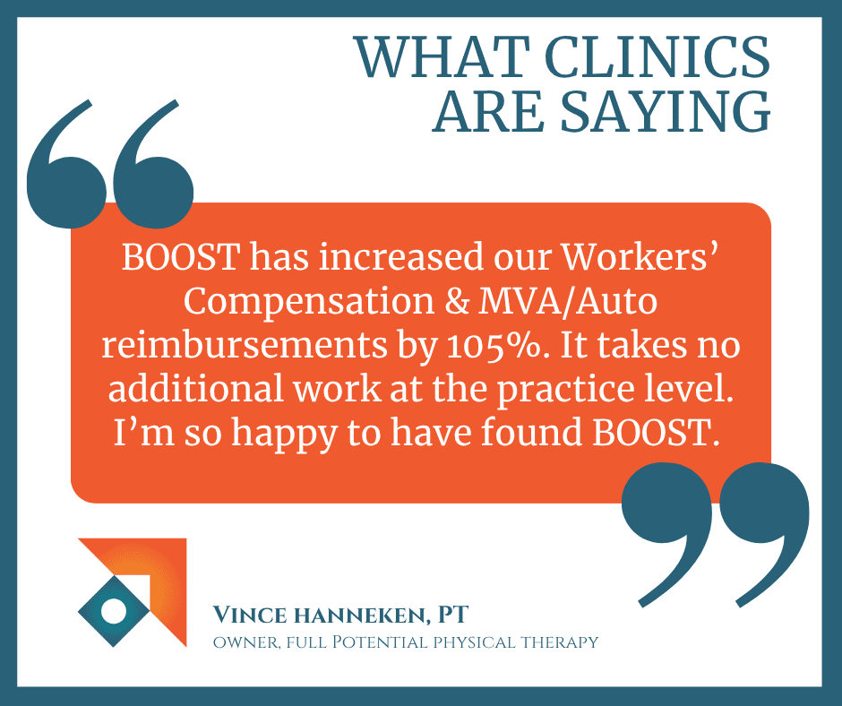 PT private practice owners recommend BOOST to protect their workers' comp and auto reimbursements. This clinic owner is getting a $100 increase.