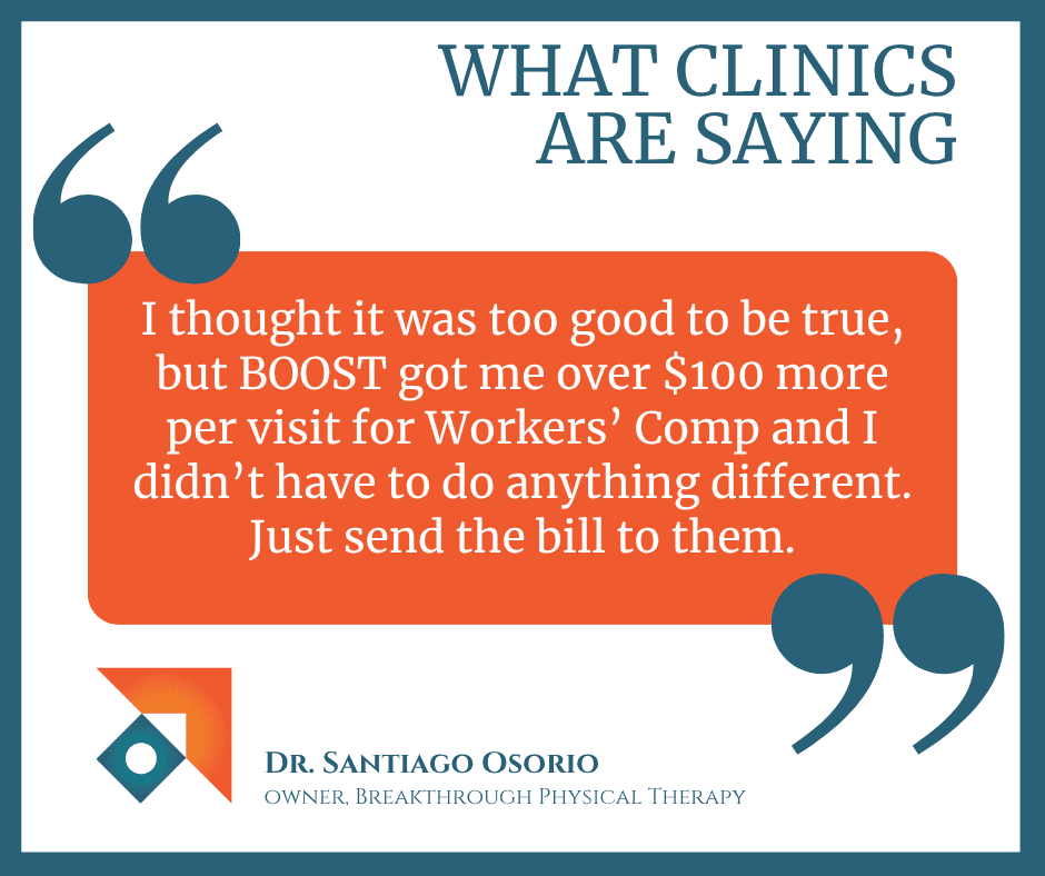 PT clinic owner thought BOOST was too good to be true, but is now seeing $100 more per visit on their workers' comp and auto claims.